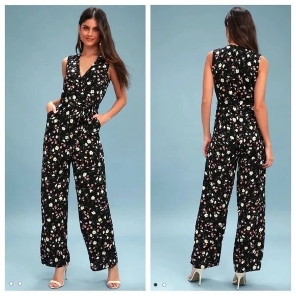 Lulus Robertson Black Floral Wide Leg Jumpsuit Size Medium V-Neck Sleeveless - Picture 1 of 9